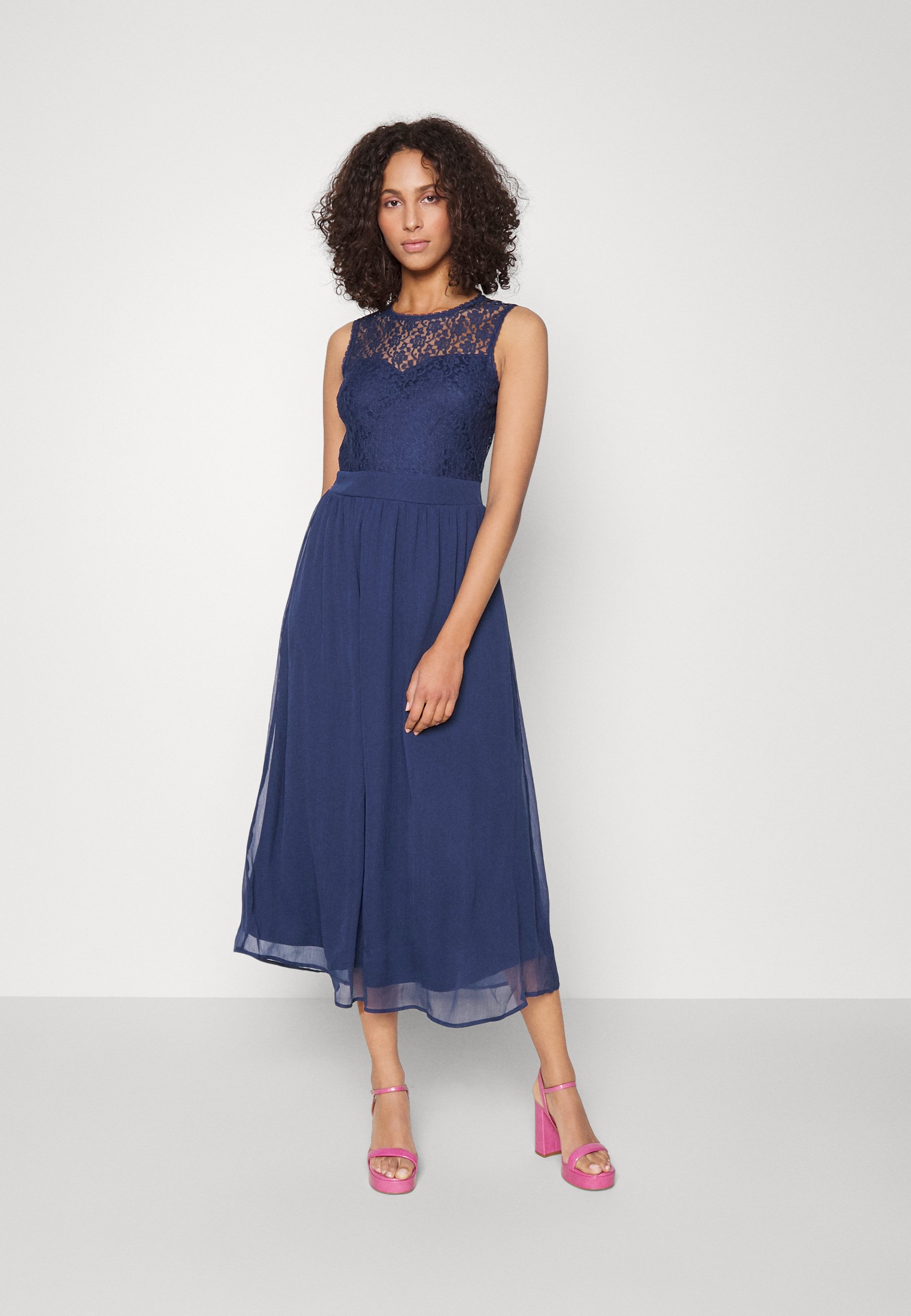 Springfield Abito Midi Con Pizzo A Contrasto - Maniche Lunghe A Sbuffo, Scollo A V, Stampa Floreale Bicolore. Vestito Elegante E Romantico Per Donna.