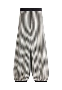Pantalon en maille à jambes larges avec des rayures verticales noires et blanches, taille élastique et poignets froncés aux chevilles.