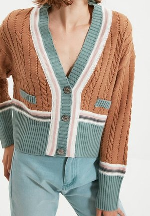 Vrouw draagt een bruin en turkoois gebreid vest met knopen, witte en roze strepen, gecombineerd met lichtblauwe broek.