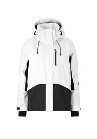 Weiße und schwarze wasserdichte Jacke mit hohem Kragen, verstellbarem Kapuzen und Taschen mit Reißverschluss auf der Vorderseite. Verfügt über kontrastierende Farbbereiche und elastische Bündchen.