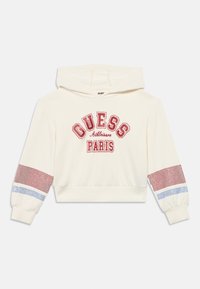 Λευκό κοντό hoodie με κόκκινες και μπλε λεπτομέρειες, με γραφικό "GUESS Athletics Paris". Κατασκευασμένο από απαλό υλικό με υφασμένα μανίκια.
