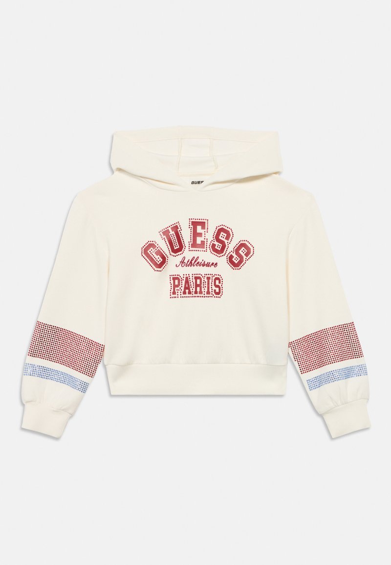 Λευκό κοντό hoodie με κόκκινες και μπλε λεπτομέρειες, με γραφικό "GUESS Athletics Paris". Κατασκευασμένο από απαλό υλικό με υφασμένα μανίκια.