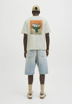Lys grøn bomulds t-shirt med et farverigt grafik af en skål is på ryggen. Bæres med lyseblå denimshorts og beige sokker.