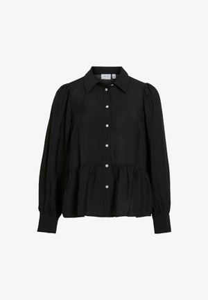 Schwarzes Hemd mit Knopfleiste, Kragen, langen Puffärmeln und gerafftem Taillenbund. Mit glänzenden Knopfdetails und glatter Textur.