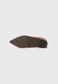 Zapato plano de ante marrón con punta afilada visto desde la suela, con suela de goma marrón oscuro y tacón apilado sobre fondo blanco.