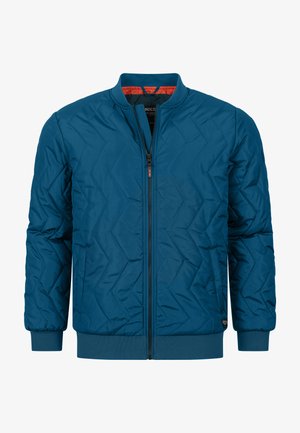 Giubbotto bomber trapuntato di colore blu scuro, con zip frontale, polsini elasticizzati e foderatura arancione a contrasto. Il materiale sembra liscio e leggero.