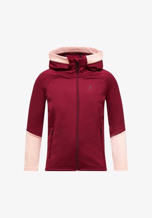 Felpa bordeaux con colletto doppio strato di colore rosa chiaro, chiusura con zip, due tasche laterali e colori delle maniche a contrasto. Tessuto dalla consistenza liscia.