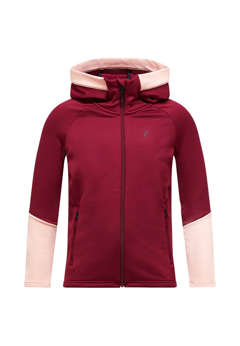 Felpa bordeaux con colletto doppio strato di colore rosa chiaro, chiusura con zip, due tasche laterali e colori delle maniche a contrasto. Tessuto dalla consistenza liscia.