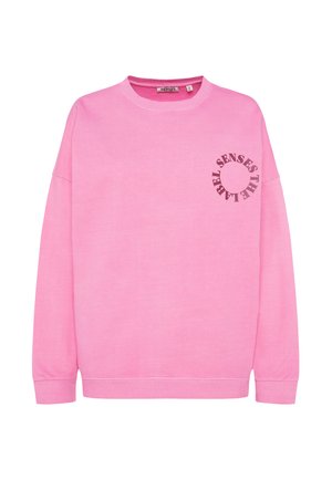 Rosa Sweatshirt aus weichem Baumwollstoff. Mit Rundhalsausschnitt, langen Ärmeln und einem kreisförmigen Grafikdesign mit Text auf der linken Brust.