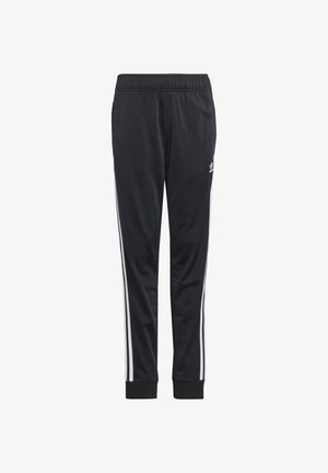 Black athletic pants made of smooth fabric, featuring white side stripes and elastic waistband and cuffs for a fitted look.