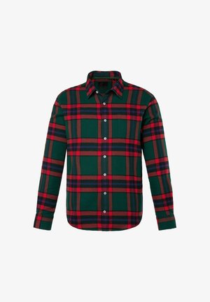 Chemise à manches longues en tartan avec des couleurs vertes, rouges et bleues. Elle présente un col boutonné et une fermeture à boutons sur le devant. Texture de tissu douce.