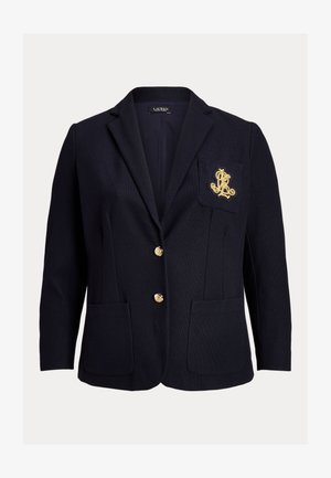 Navy blue blazer with gold buttons, two front patch pockets, and a chest pocket featuring a gold embroidered logo.