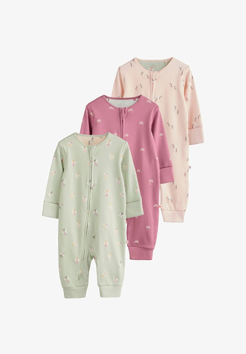 Set aus drei Babyschlafanzügen aus weicher Baumwolle. Farben: mintgrün mit Blumenmuster, rosa mit Regenbogenmotiv und blassrosa mit verspielten Drucken.