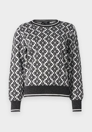 Juodas ir baltas megztinis su sudėtingu gėlių raštu, apvalia iškirpte, banguotais rankogaliais ir juosmeniu, su kontrastingu juostuotu kraštu.