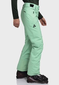 Mintgrüne Skihosen mit glatter Textur, ausgestattet mit Reißverschluss-Taschen und schwarzen Akzenten. Tragen Sie sie mit dunklen Skischuhen für einen Kontrast.