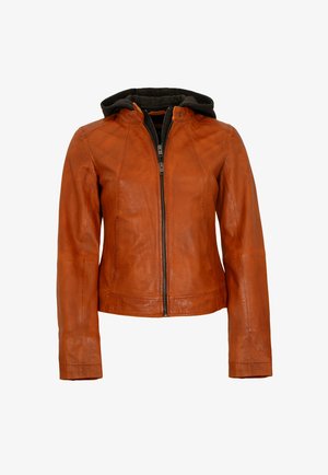 Lederjacke in Orange-Braun mit abnehmbarer grauer Kapuze. Verfügt über einen Frontreißverschluss, lange Ärmel und eine taillierte Passform. Glatte Oberfläche.