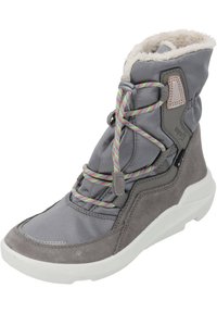 Grauer Winterstiefel mit Kunstfellfutter, mehrfarbigen Schnürsenkeln, Wildlederakzenten und dicker weißer Sohle, geeignet für kaltes Wetter.