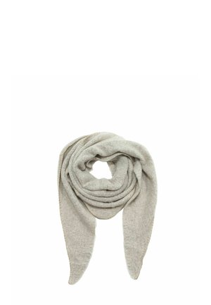 Light gray soft wool scarf folded in a loose spiral with two pointed ends hanging down on a white background.