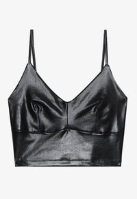 Black, shiny bralette with thin adjustable straps, featuring a V-neckline, smooth texture, and subtle gathering at the bust for shape.