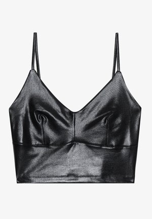 Black, shiny bralette with thin adjustable straps, featuring a V-neckline, smooth texture, and subtle gathering at the bust for shape.