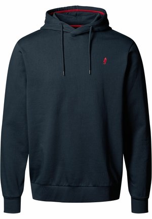 Haut à capuche bleu marine en tissu texturé, avec un cordon de serrage, des poignets côtelés et un petit logo rouge sur la poitrine.