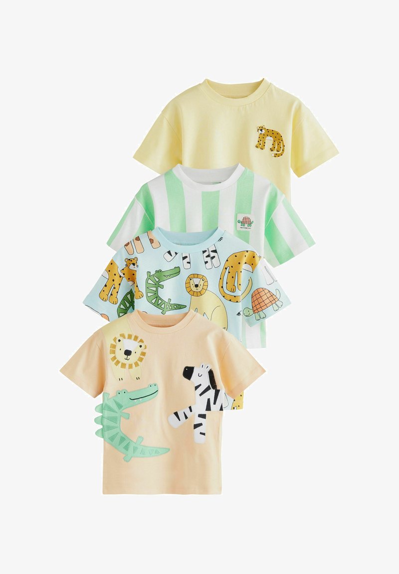 Four children's t-shirts with animal designs: yellow with cheetah, green and white stripes with turtle, blue with various animals, peach with lion, crocodile, and zebra.