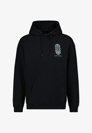 Black hoodie with a front kangaroo pocket, drawstring hood, and a light green "DAILY TROUBLE" logo on the left chest. Soft texture.