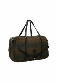 Borsa duffel in lana con motivo a quadri marrone scuro e verde, manici in pelle nera, accessori in metallo argentato e tasche laterali. Finitura texturizzata.
