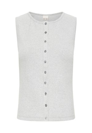 Top gri deschis fără mâneci, cu decolteu rotund și un rând vertical de zece nasturi mici în mijloc, pe față.