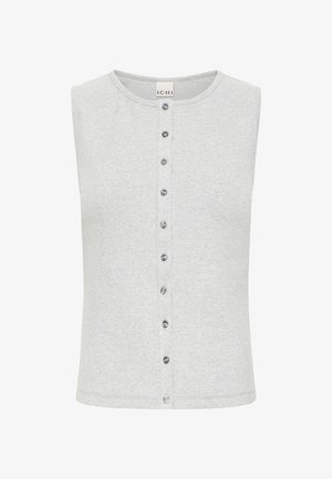 Light grey sleeveless top with a round neckline and a vertical row of ten small buttons down the front center.