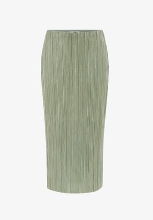 Gonna midi a matita verde chiaro con pieghe verticali e una fascia stretta in vita.