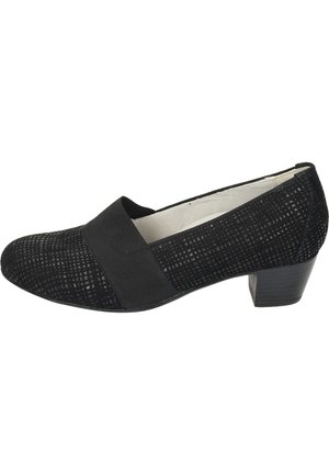 Schwarzer Schuh mit strukturiertem Obermaterial, das ein Gittermuster aufweist. Runde Zehenform und ein niedriger Blockabsatz. Elastisches Band vorne für einen sicheren Halt.