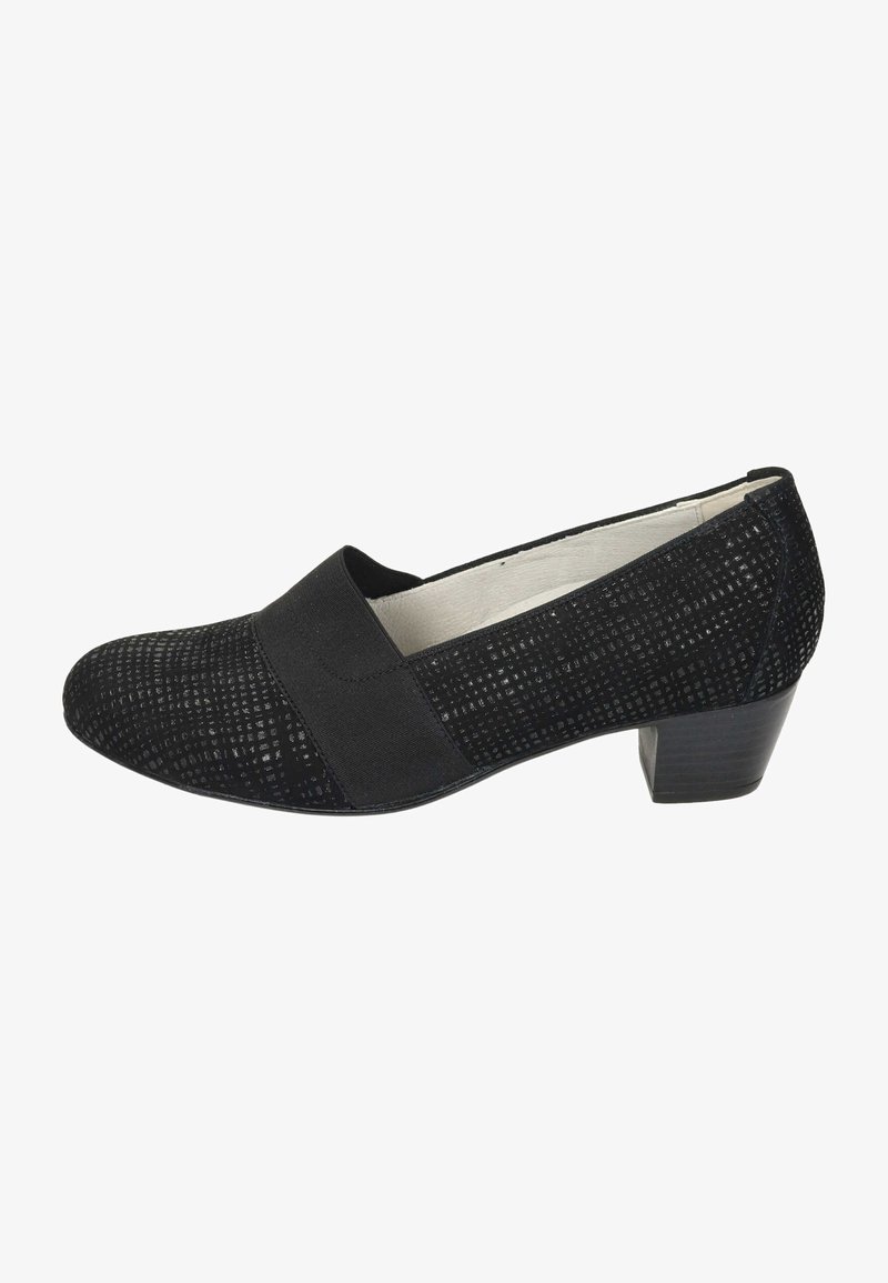 Black shoe with a textured upper featuring a grid pattern. Rounded toe and a low block heel. Elastic band at the front for a secure fit.