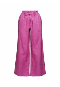 Pantalon large en lin rose avec taille élastique et cordon réglable, coupe ample, longueur cheville.