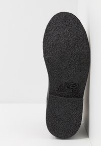 Suela de zapato de goma negra con superficie texturizada, con "Levi Strauss & Co." embosado. Los bordes son lisos y ligeramente curvados.