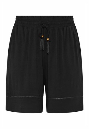 Schwarze Shorts mit elastischem Bund und Kordelzug mit Quasten und Holzperlen sowie einem dezenten dekorativen Besatz nahe dem Saum.