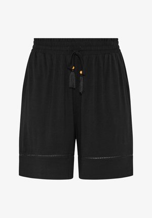 Zwarte korte broek met elastische taille en koordsluitingen met kwastjes en houten kralen, en subtiele decoratieve rand bij de zoom.