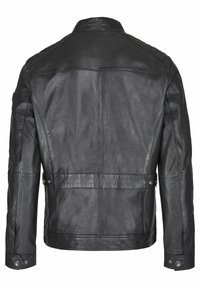 Schwarze Lederjacke mit schlichtem Design, Stehkragen und Druckknopfdetails. Glatte Textur und taillierte Silhouette mit Nähten.