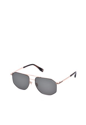 Lunettes de soleil rectangulaires noires avec une fine monture métallique couleur or rose et des branches noires, dotées de plaquettes de nez réglables.