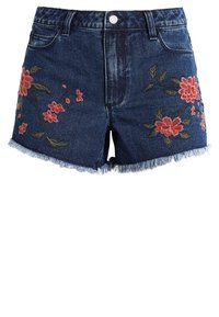 Džínové šortky s třepeným lemem, tmavě modrá barva, s červenou květinovou výšivkou na přední straně. Standardní design s pěti kapsami, zapínání na knoflík.