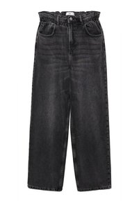 Pantaloni wide-leg in denim nero con vita elasticizzata, due tasche frontali e texture sbiadita. Presentano una chiusura con bottone e zip.