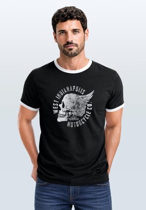 Neverless, HERREN T-SHIRT RETRO KONTRASTBUND - DESIGN MOTORCYCLE SKULL - - T-Shirt print - schwarz-weiß