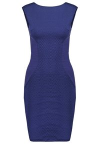 Sleeveless, fitted knee-length dress in dark blue with subtle chevron texture and slight contour panels on the sides.