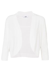 Bílý zkrácený cardigan vyrobený z měkké tkaniny, má otevřený přední design, rukávy o délce 3/4 a hladkou texturu bez viditelných zapínání.