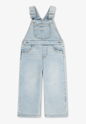 Jasnoniebieski ogrodniczki z denimu dla dzieci z regulowanymi paskami na ramiona, przednią kieszenią na piersi i bocznymi guzikami.