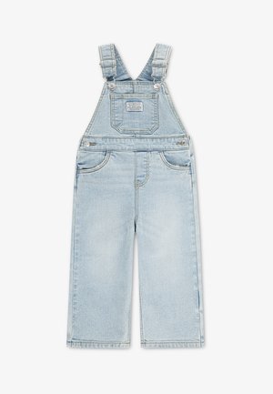 Jasnoniebieski ogrodniczki z denimu dla dzieci z regulowanymi paskami na ramiona, przednią kieszenią na piersi i bocznymi guzikami.
