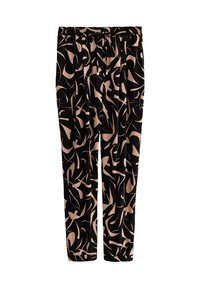 Zwarte losse broek met beige abstracte vormen, elastische tailleband met trekkoord en elastische boorden bij de enkels.