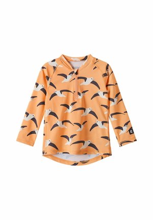 Langärmliges oranges Kinderhemd mit schwarz-weißem Muster fliegender Vögel und vorderem Reißverschlusskragen.