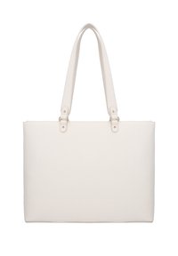 Borsa tote beige realizzata in materiale sintetico testurizzato, forma rettangolare, con doppio manico in metallo color argento e dettagli di cucitura sottili.