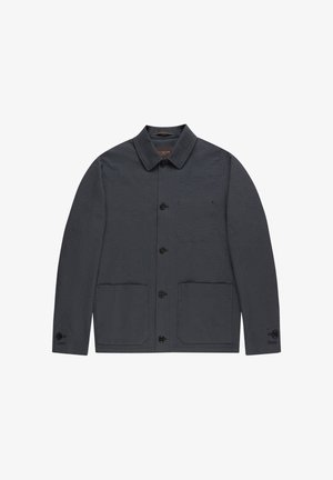 Ciemnoszara kurtka wykonana z teksturowanej tkaniny, z klasycznym kołnierzem, zapięciem na guziki z przodu, dwoma przednimi kieszeniami oraz mankietami zapinanymi na guziki.